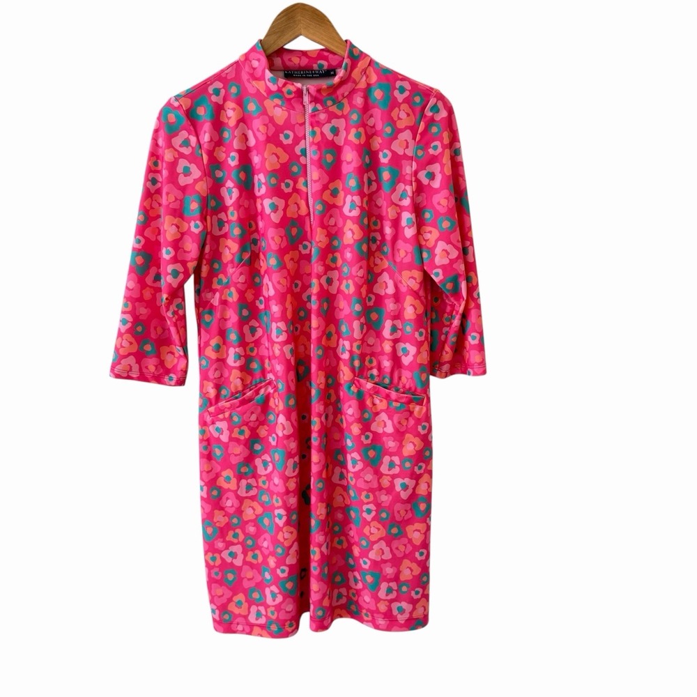 Katherine Way 1/4 Zip Abstract Floral Shift Dress M Hot Pink Blue Preppy Beach